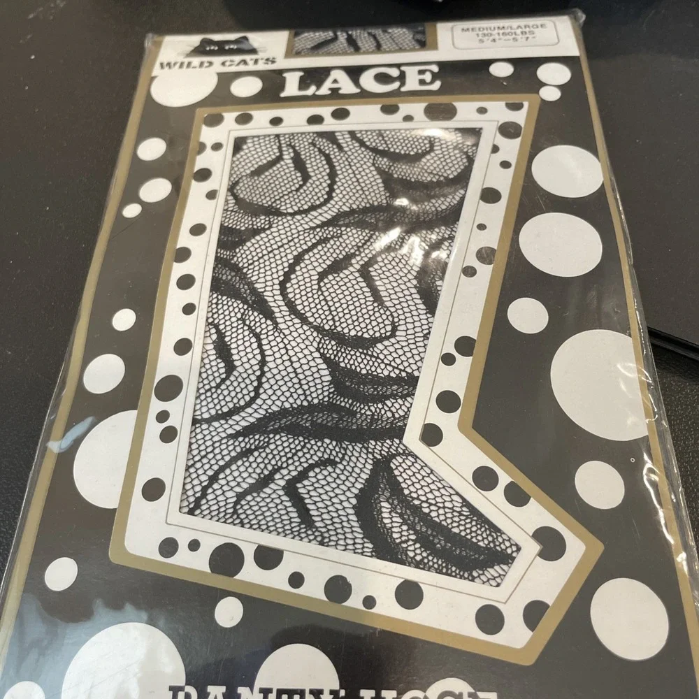 Wild Cats Womens M/L Pantyhose Black Floral Lace Sheer Tights NEW